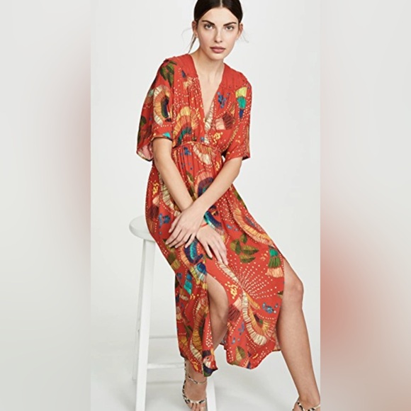 FARM Rio Dresses & Skirts - Farm Rio Carnival Midi Dress in Red Multi / Size M Viscose V Neck Button Back